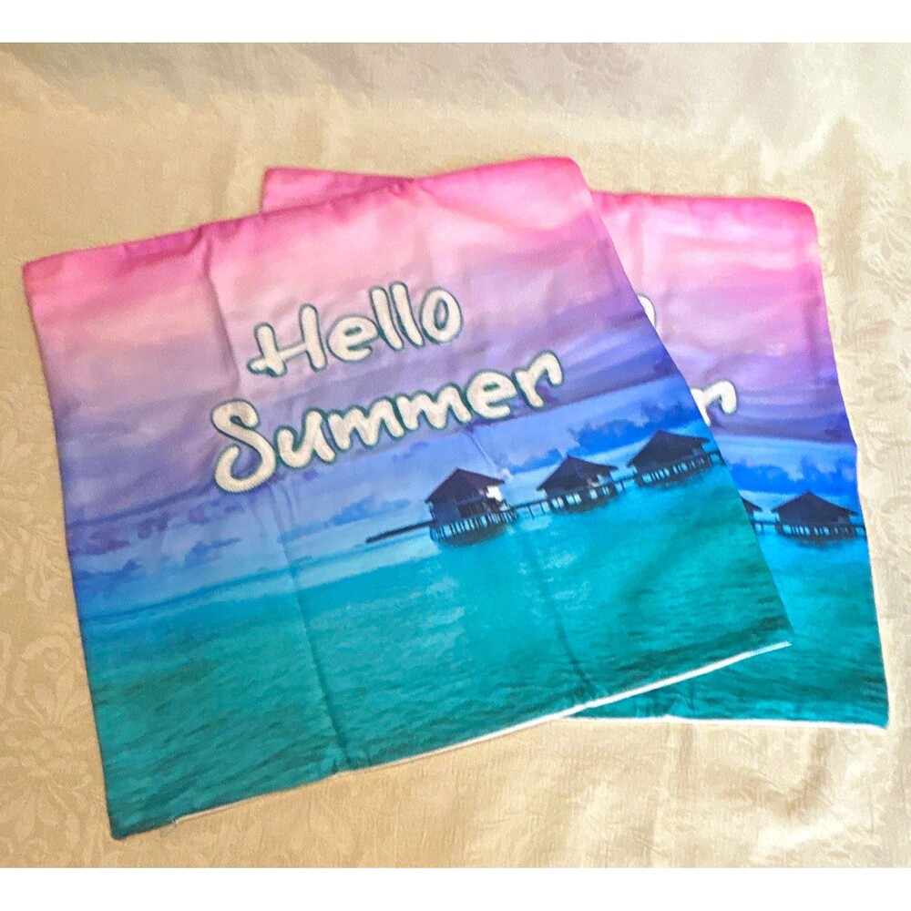 Set of 2 Hello Summer Throw Pillow Covers Beach Ocean Tropical Scene 18 x 18